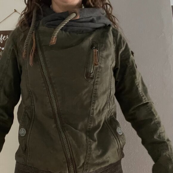Naketano Asymmetrical Olive Green Diagonal Zip Jacket w/ Hood Size S/M - Picture 1 of 10